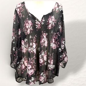 NWT Torrid Floral 2X Blouse Sheer Chiffon Top Black Pink Long Sleeve Plus Size